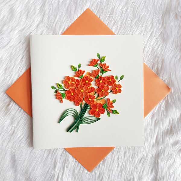 Carte bouquet de fleurs orange en Quilling avec enveloppe