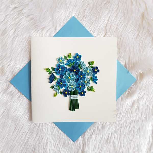 Carte bouquet de fleurs bleu en Quilling avec enveloppe